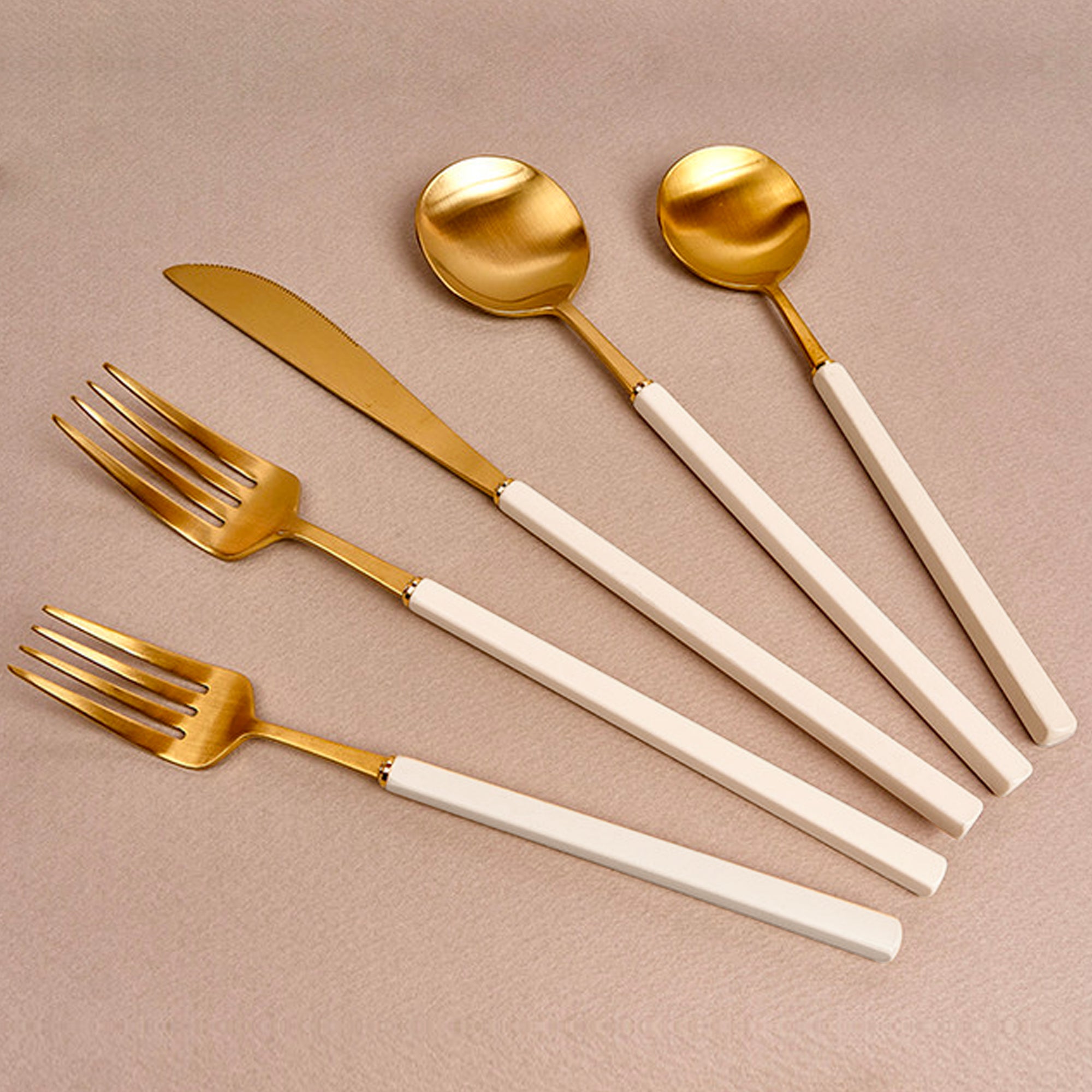 5Pcs Beige Gold 304 Stainless Steel Flatrware Knife Fork Spoon