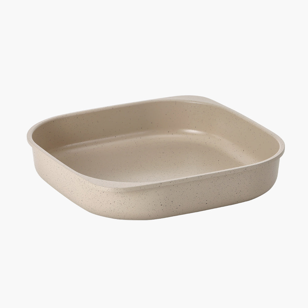 Beige square food container without a lid, designed for multi-purpose use.