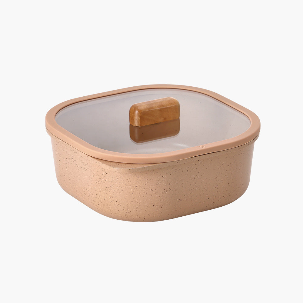 Terracotta food container with a glass lid, designed for multi-purpose storage and serving.