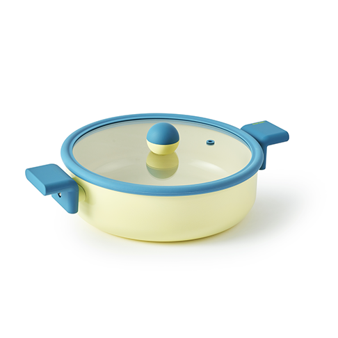 Neoflam 20 cm casserole pot with blue handles and glass lid.