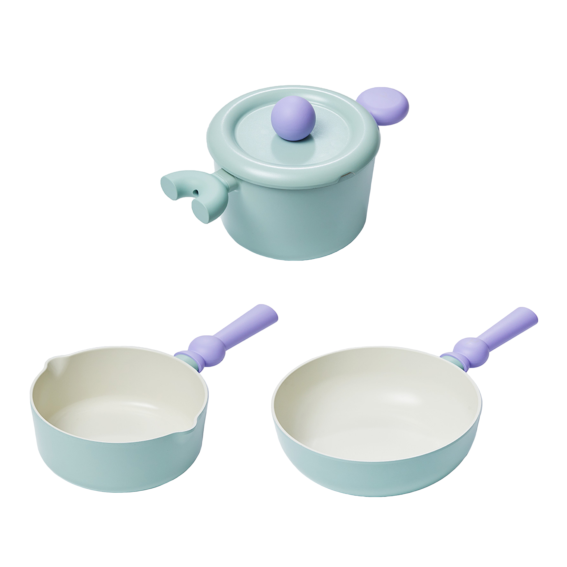 A set of three pastel-colored cookware items, including a light green pot with a lid, a light green saucepan, and a light green frying pan, all with purple handles, displayed on a white backgroun